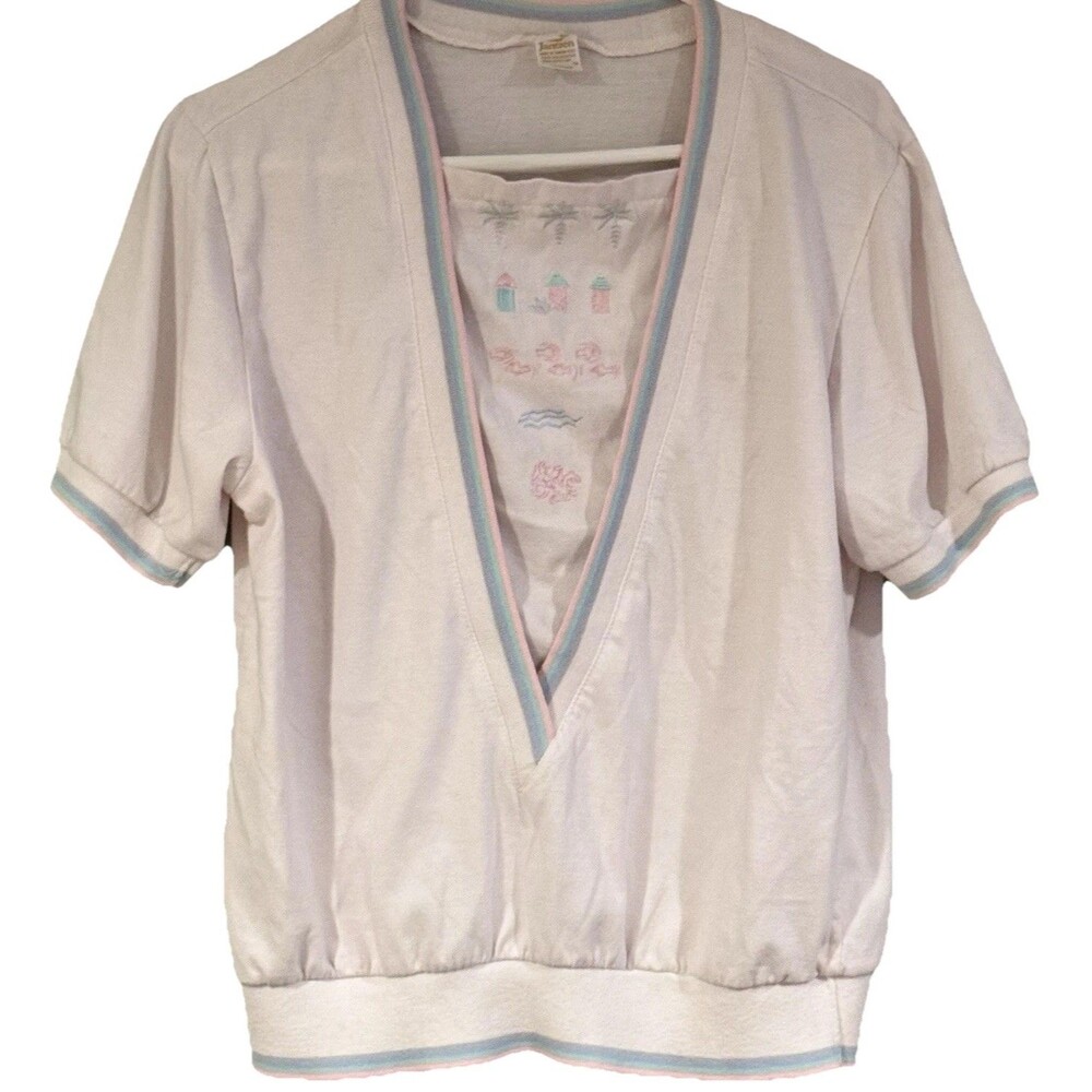 Vintage Jantzen Women’s Medium Top 90s Pastel Tropical Embroidered Cottagecore